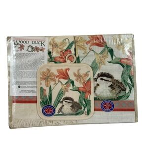 Vintage Stevens Linen Wood Duck Bird Kitchen Towel Potholder Set Made USA